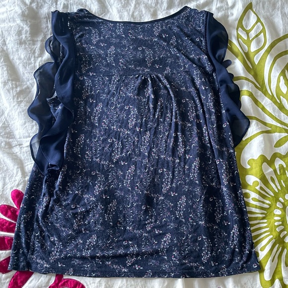 NAVY BLUE TANK TOP WITH FLORAL PRINT AND SILK RUFFLES SIZE M - Picture 2 of 4
